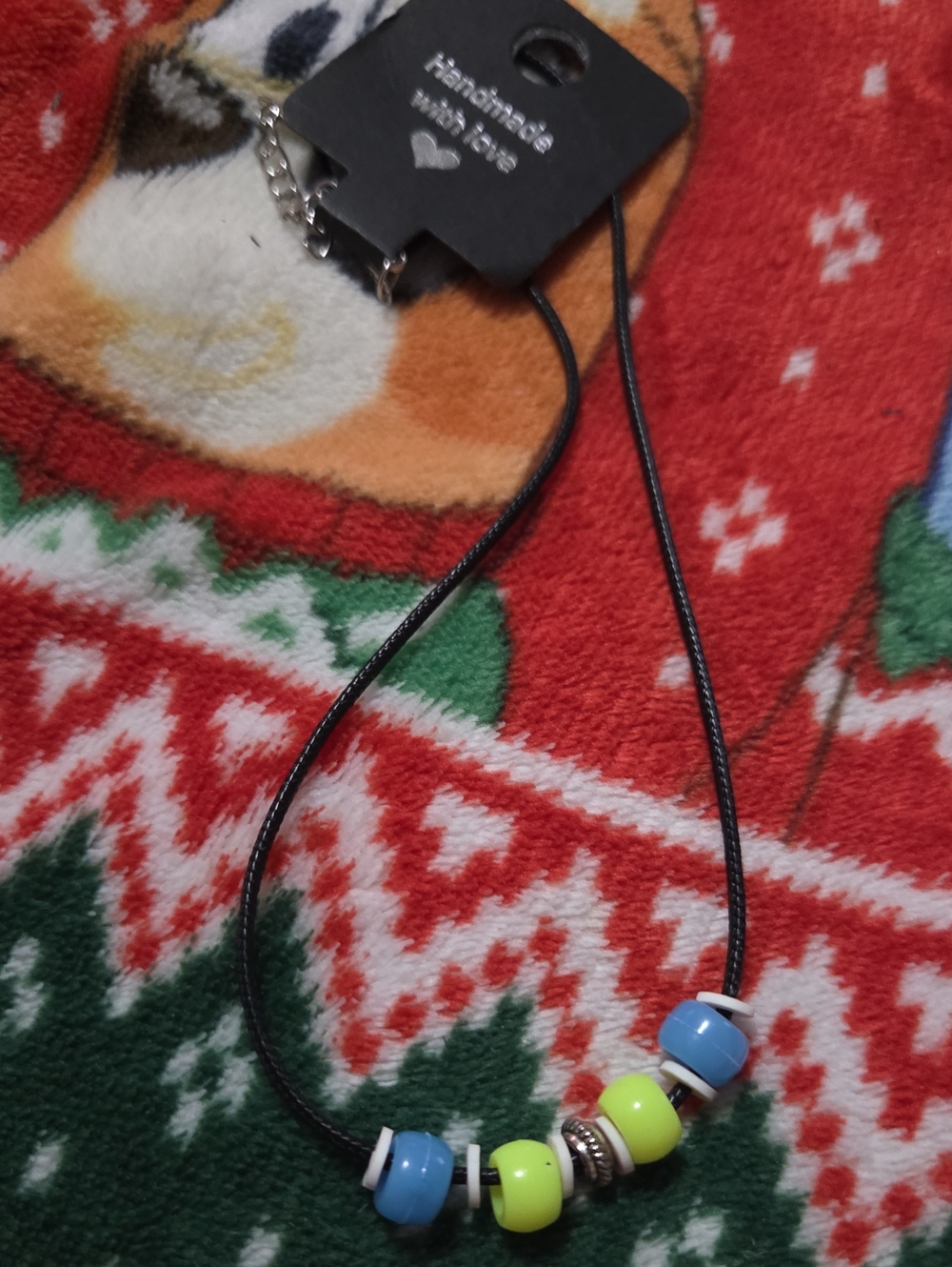 Handmade Black Necklace with Blue and Lime Beads